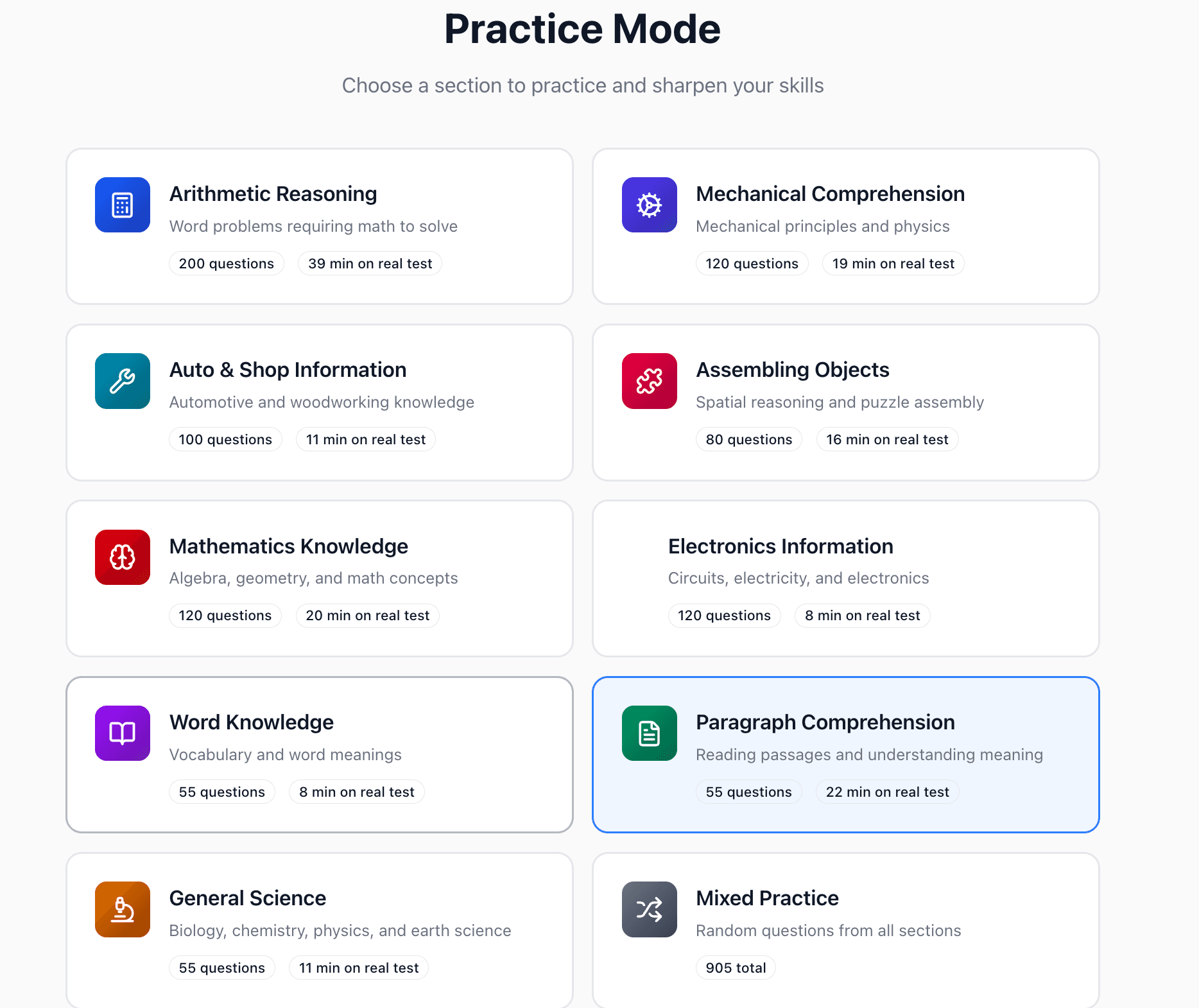Practice mode showing all 9 ASVAB sections including Arithmetic Reasoning, Word Knowledge, and more
