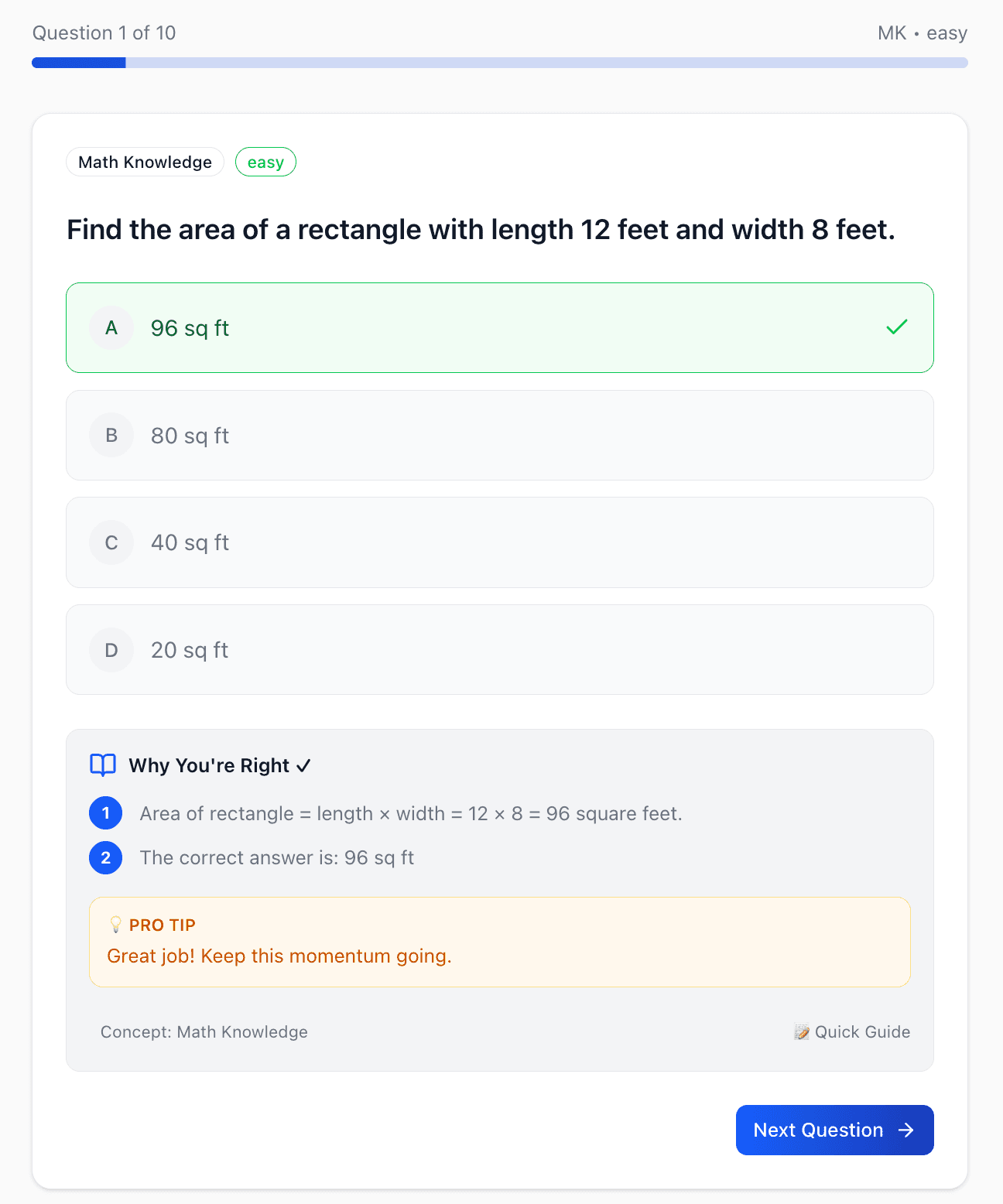 Practice question with instant explanation showing step-by-step solution and pro tips